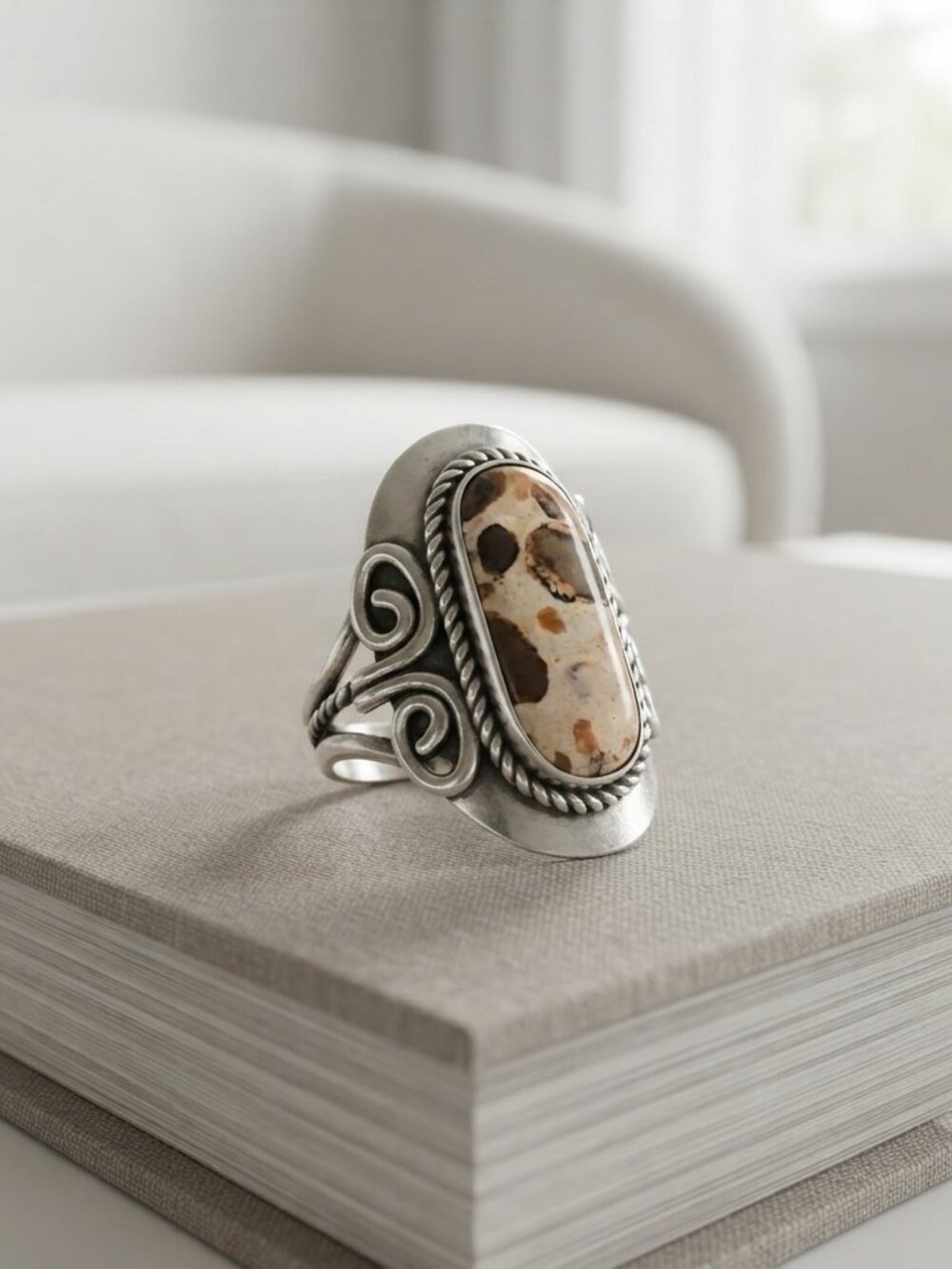 Artisan Silver & Earth-Tone Swirl Statement Ring Adjustable Boho-Luxe Band - Picture 3 of 10